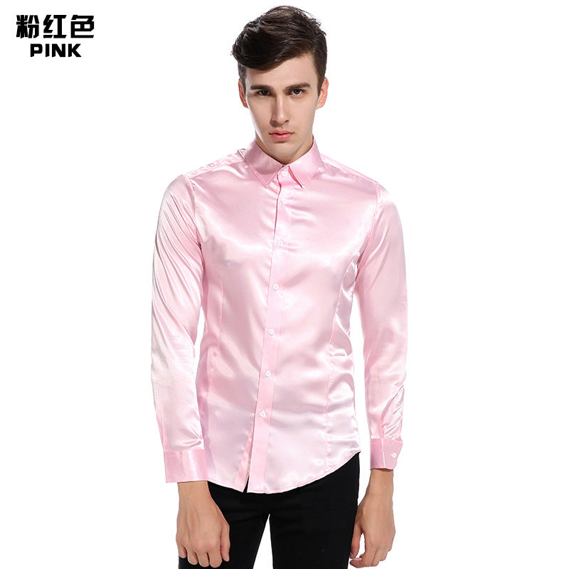 Men Turnover Collar Glossy Long Sleeves Shirt