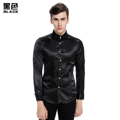 Men Turnover Collar Glossy Long Sleeves Shirt