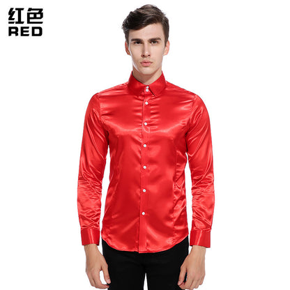 Men Turnover Collar Glossy Long Sleeves Shirt