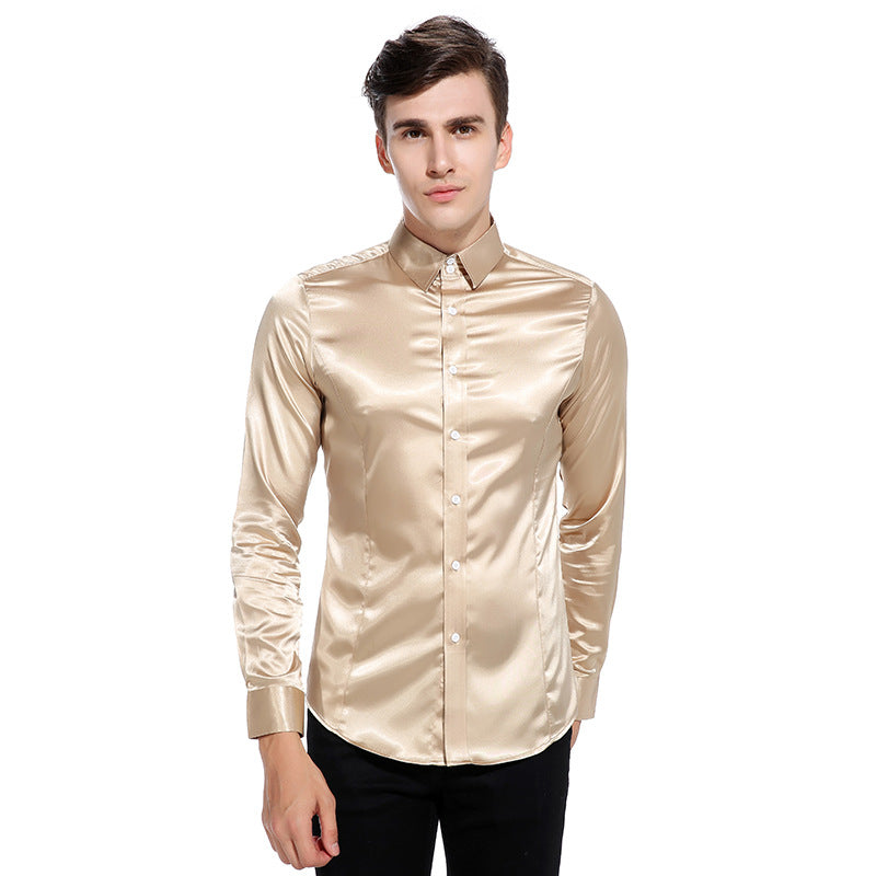 Men Turnover Collar Glossy Long Sleeves Shirt