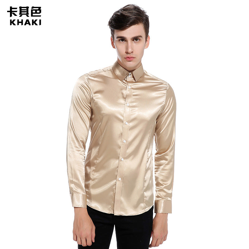 Men Turnover Collar Glossy Long Sleeves Shirt