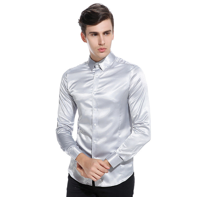 Men Turnover Collar Glossy Long Sleeves Shirt