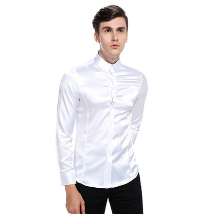 Men Turnover Collar Glossy Long Sleeves Shirt