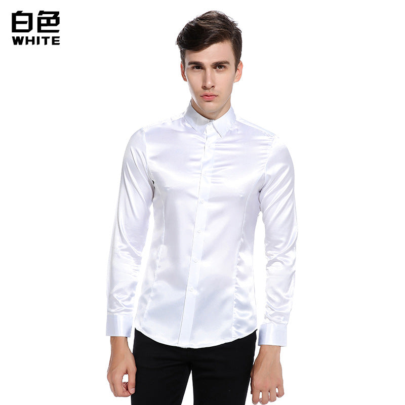 Men Turnover Collar Glossy Long Sleeves Shirt