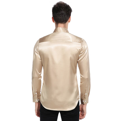 Men Turnover Collar Glossy Long Sleeves Shirt