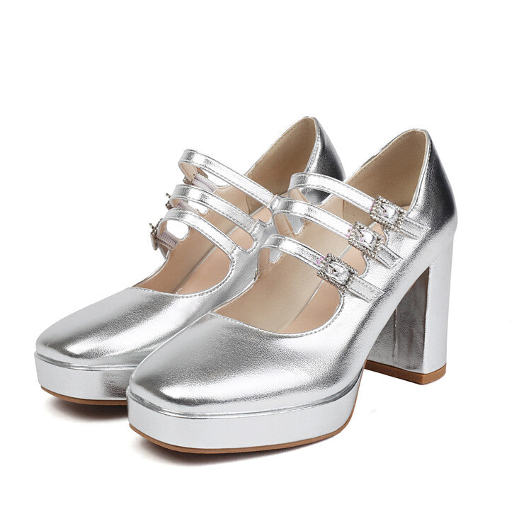 Women's Metal Glossy Square Toe Platform Pumps Square Heel Mary Janes