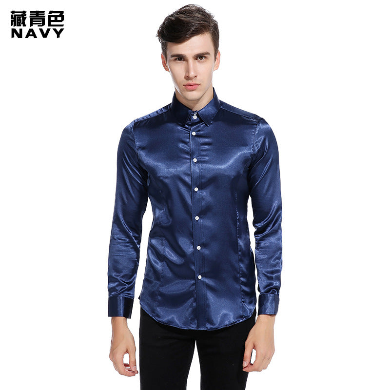 Men Turnover Collar Glossy Long Sleeves Shirt