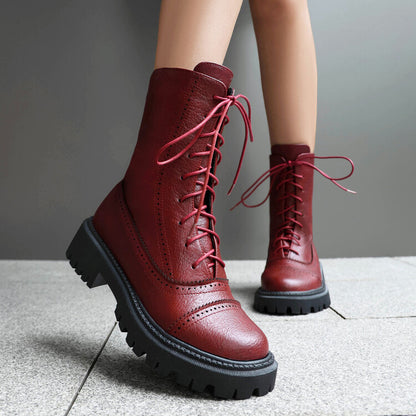 Women's Lace-Up Round Toe Flat Platform Short Boots