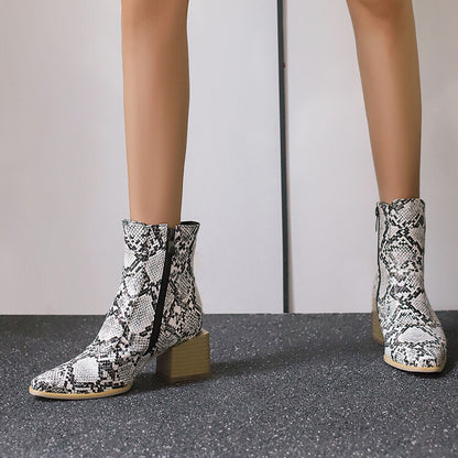 Women's Snake Pattern Pointed Toe Square Heel Short Boots