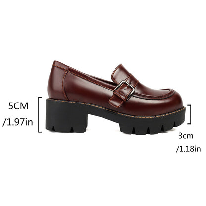 Women's Round Toe Platform Square Heel Platform Loafers Shoes