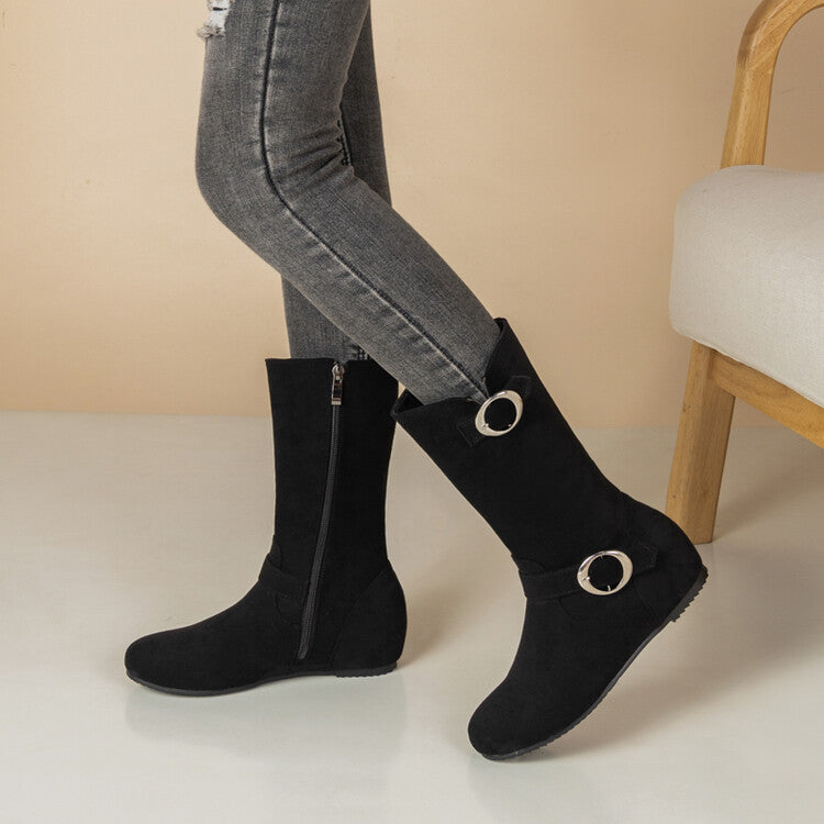 Women's Metal Decor Round Toe Increased Internal Mid Calf Boots