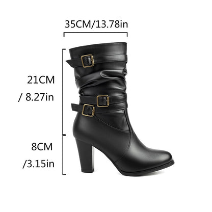 Women's Pleated Buckle Strap Round Toe Block Heel Mid Calf Boots