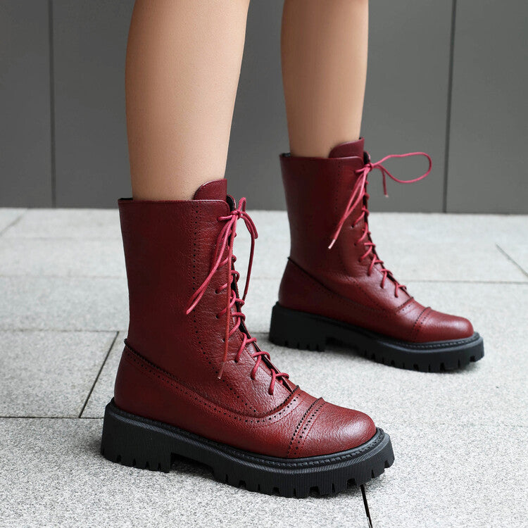 Women's Lace-Up Round Toe Flat Platform Short Boots