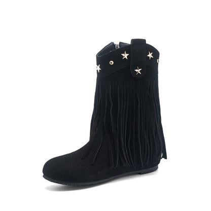 Women's Tassel Round Toe Increased Internal Mid Calf Boots