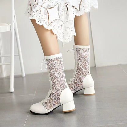 Women's Round Toe Lace-up Hollow Out Mid-Calf Boots