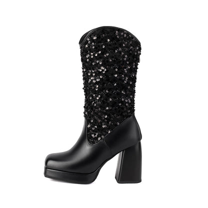 Women's Sequins Square Toe Platform Block Heel Mid-Calf Western Boots