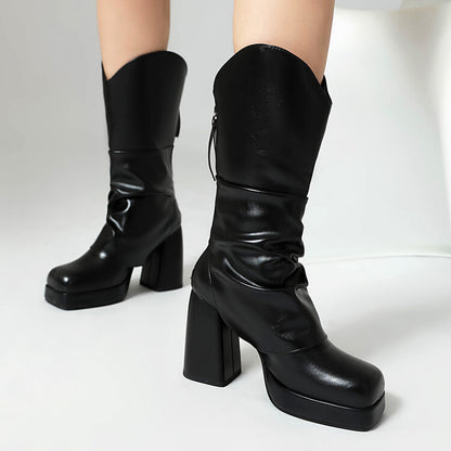 Women's Square Toe Platform High Heel Mid-Calf Western Boots