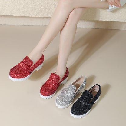 Women's Sequined Square Toe Block Heel Platform Loafers Shoes