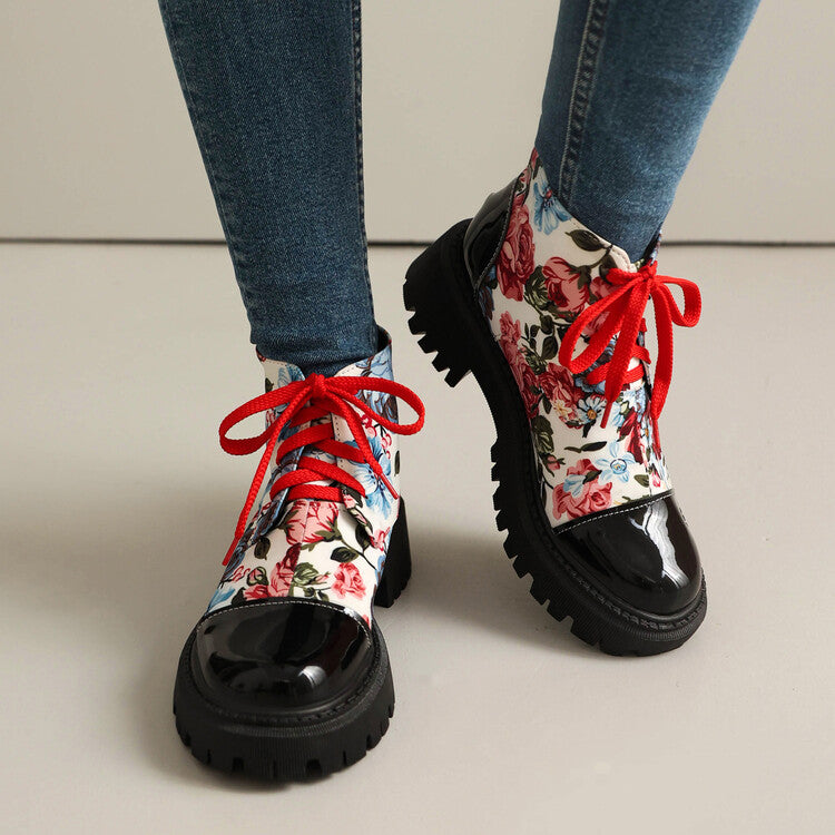 Women's Flowers Printed Lace-Up Round Toe Flat Platform Ankle Boots