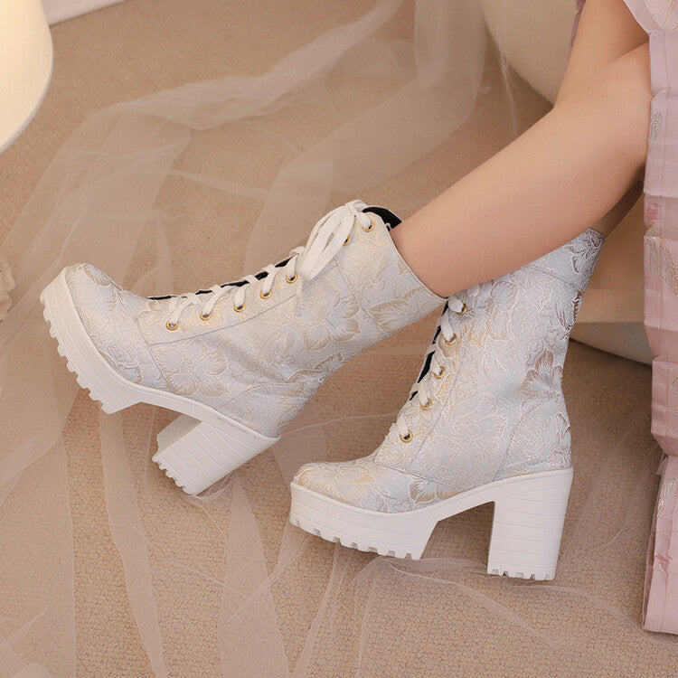 Women's Round Toe Flowers Platform Square High Heel Mid-Calf Boots