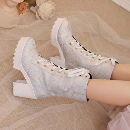 Women's Round Toe Flowers Platform Square High Heel Mid-Calf Boots