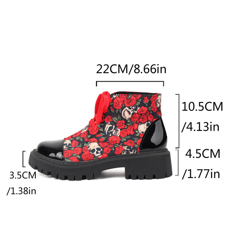 Women's Flowers Printed Lace-Up Round Toe Flat Platform Ankle Boots