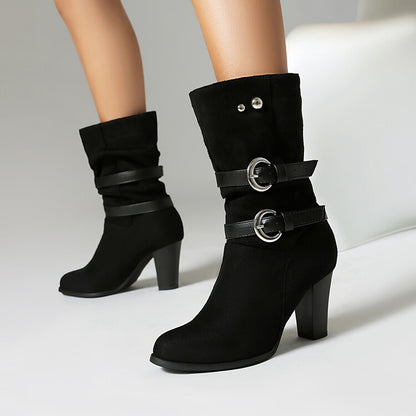 Women's Leopord Pattern Buckle Strap Round Toe Block Heel Mid Calf Boots