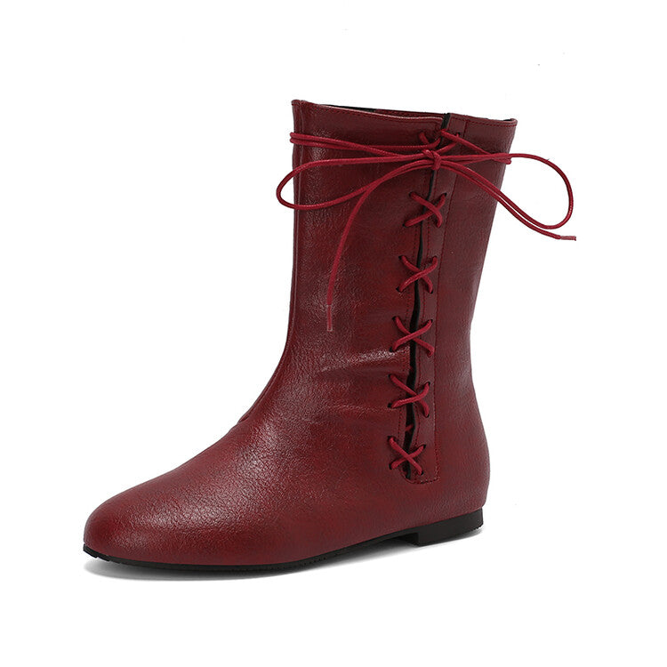 Women'S Lace-Up Round Toe Flat Mid Calf Boots