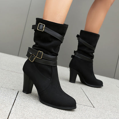 Women's Pleated Buckle Strap Round Toe Block Heel Mid Calf Boots