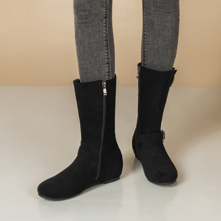 Women's Metal Decor Round Toe Increased Internal Mid Calf Boots