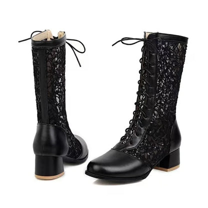 Women's Round Toe Lace-up Hollow Out Mid-Calf Boots