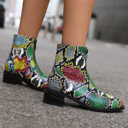 Women's Snake Print Pointed Toe Square Heel Ankle Boots