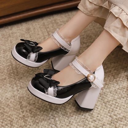 Women's Square Toe Lolita Lace High Heel Platform Pumps