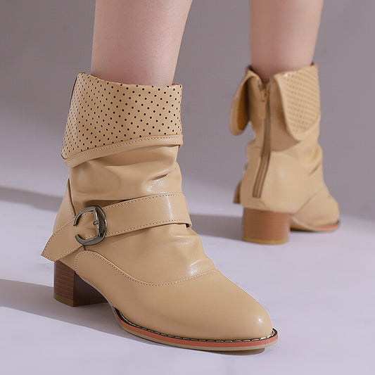 Women's Patchwork Buckle Strap Block Heel Ankle Boots