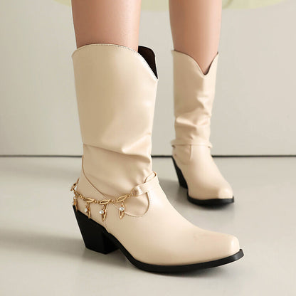 Women's Chains Pointed Toe Mid-Calf Western Boots