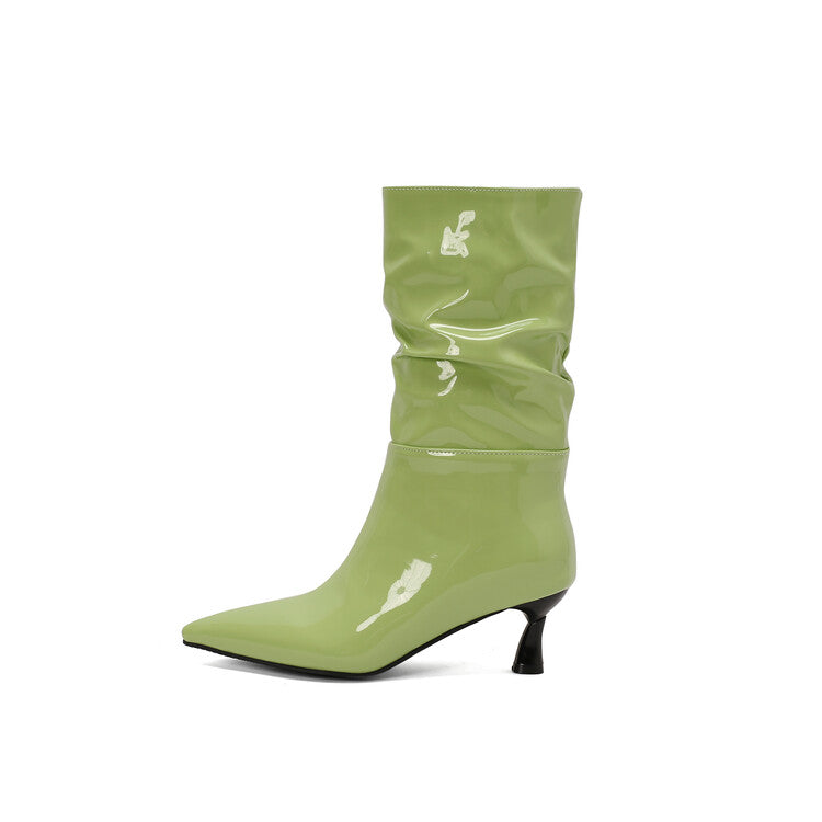 Women's Patent Leather Pointed Toe Pleated Mid-Calf Boots