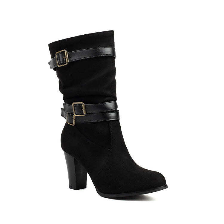 Women's Pleated Buckle Strap Round Toe Block Heel Mid Calf Boots