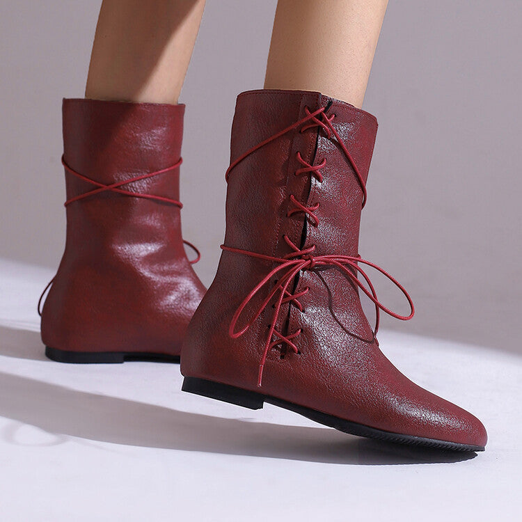 Women'S Lace-Up Round Toe Flat Mid Calf Boots