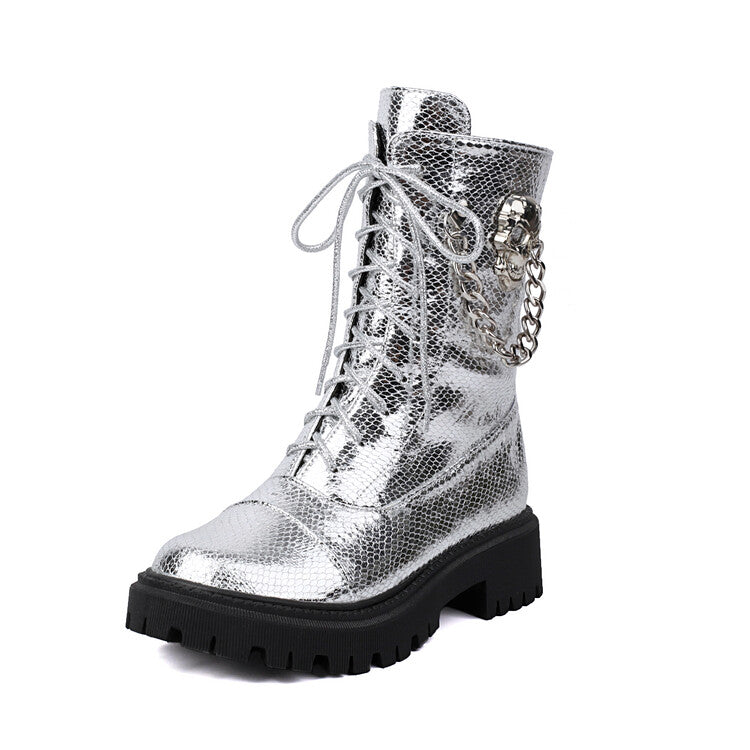 Women's Glossy Chains Round Toe Flat Platform Short Boots