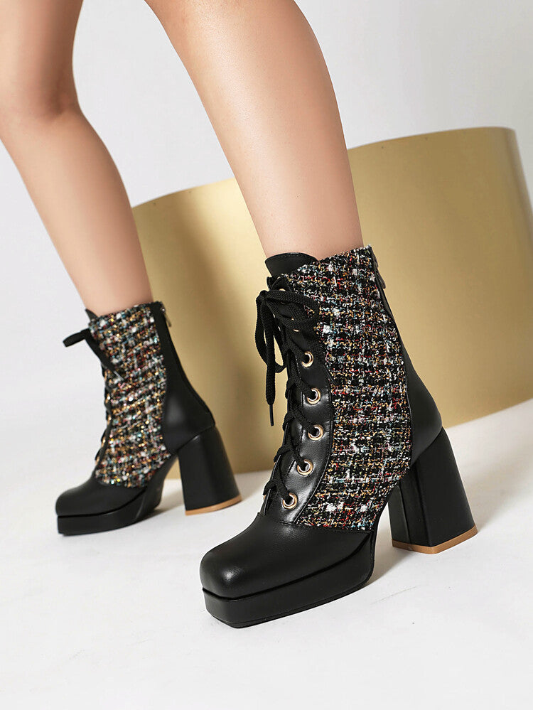 Women's Square Toe Lace-up Platform High Heel Ankle Boots