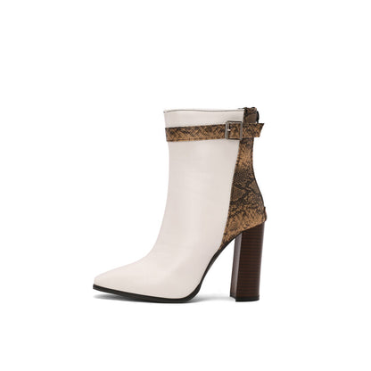 Women's Snake Pattern Pointed Toe Buckle Heel Short Boots