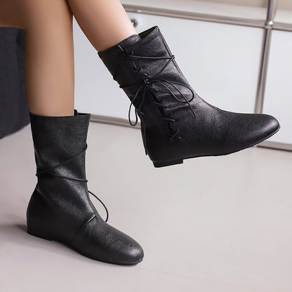 Women'S Lace-Up Round Toe Flat Mid Calf Boots