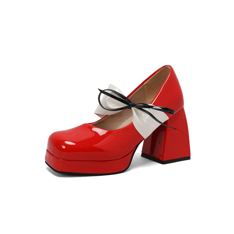 Women's Glossy Bows Square Toe Block Heel Mary Janes Platform Pumps