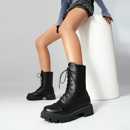 Women's Lace-Up Round Toe Flat Platform Short Boots