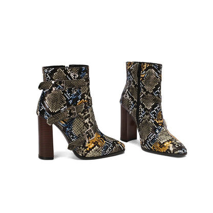 Women's Snake Pattern Buckle Strap Pointed Toe Square Heel Short Boots