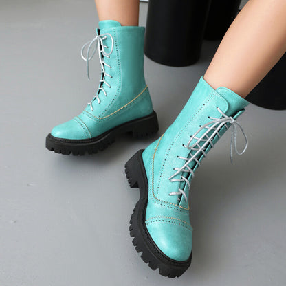 Women's Lace-Up Round Toe Flat Platform Short Boots