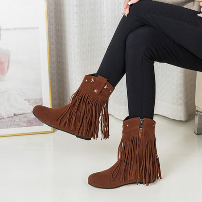 Women's Tassel Round Toe Increased Internal Mid Calf Boots