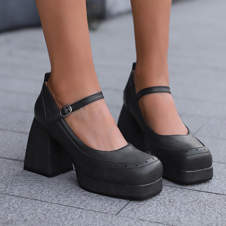 Women's Square Toe Block Heel Mary Janes Platform Pumps Shoes