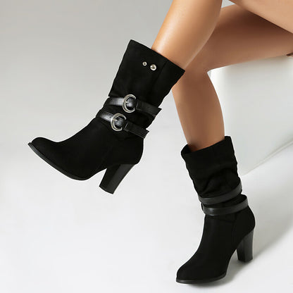 Women's Leopord Pattern Buckle Strap Round Toe Block Heel Mid Calf Boots