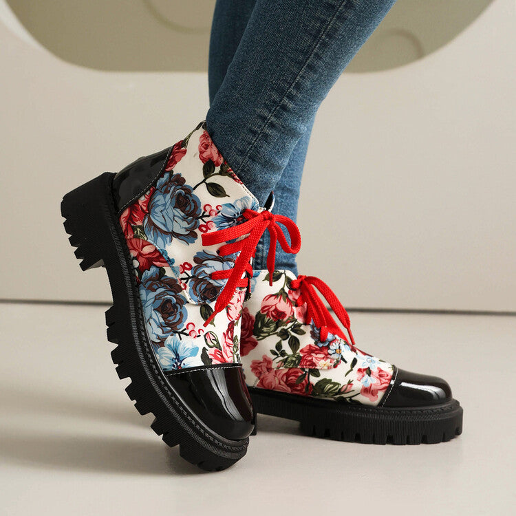 Women's Flowers Printed Lace-Up Round Toe Flat Platform Ankle Boots